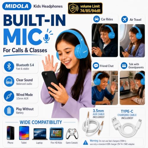 Kids Bluetooth Headphones Wireless 68 Hours,Safe Volume Limit 85/94dB Blue | Adjustable Headband Foldable Over-Ear Lightweight Headsets for Toddler Girls Boys Tablet/iPad,HD Stereo,Built-in Mic - color: Blue