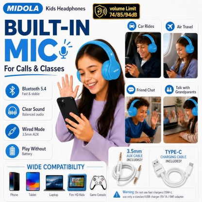 Kids Bluetooth Headphones Wireless 68 Hours,Safe Volume Limit 85/94dB Blue | Adjustable Headband Foldable Over-Ear Lightweight Headsets for Toddler Girls Boys Tablet/iPad,HD Stereo,Built-in Mic - color: Blue