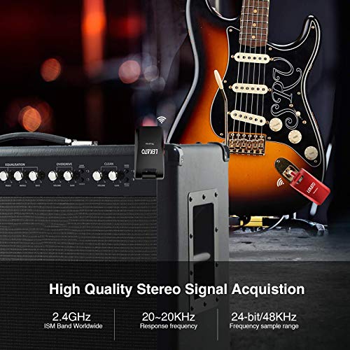 LEKATO 2.4GHz Wireless Guitar System - 6 Channels Rechargeable Wireless Transmitter & Receiver for Guitar & Bass, Stereo & Mono 1/4' & 1/8' 2 in 1 Plugs (Black & Red) - color: red