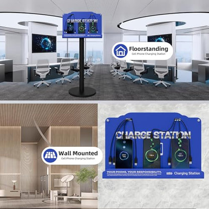 Floor Standing Cell Phone Charging Station with Fast Charigng Cables – 8 Device Charging Dock for Office, Hotel & Public Spaces | Compatible with iPhone ipad Smartphone Tablets Android Port (Blue) - color: Blue