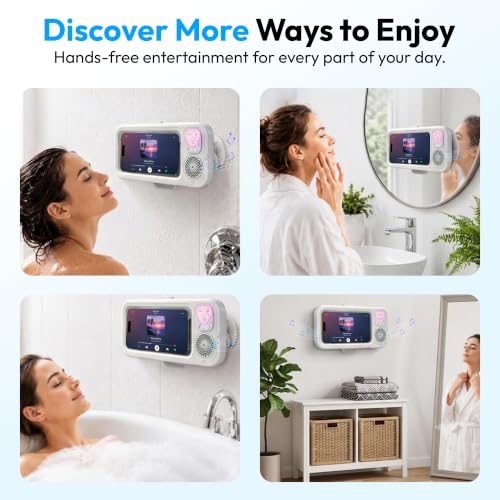 Shower Phone Holder with Wireless Bluetooth Speaker, 360° Rotating Bathroom Phone Mount with Speaker, 2026 New Waterproof Shower Phone Case for Any Phone, Fits Most Smartphones (White)