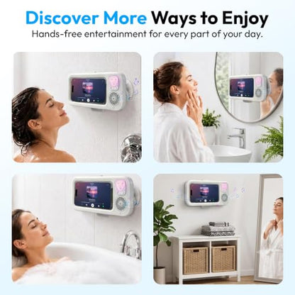 Shower Phone Holder with Wireless Bluetooth Speaker, 360° Rotating Bathroom Phone Mount with Speaker, 2026 New Waterproof Shower Phone Case for Any Phone, Fits Most Smartphones (White)