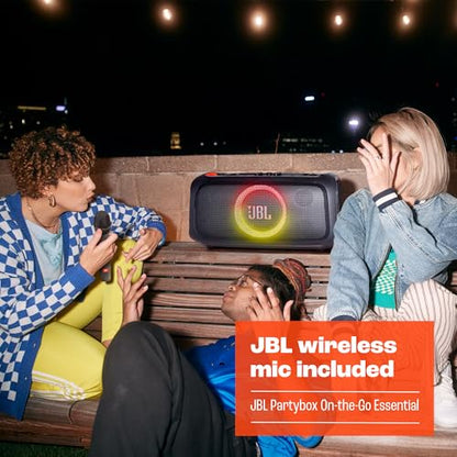 JBL PartyBox On-the-Go Essential - Portable Party Speaker - Black | Amazing JBL Pro Sound, Synched light show, JBL wireless microphone included, IPX4 splashproof protection