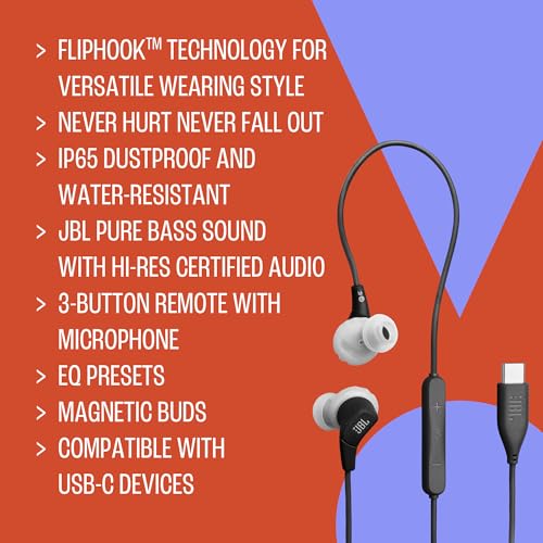 JBL Endurance Run 3 USB-C - Wired Sport Headphones - Black/Gray | FlipHook technology for versatile wearing style, IP65 dustproof and water-resistant, 3-button remote with microphone