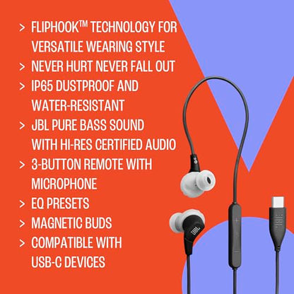 JBL Endurance Run 3 USB-C - Wired Sport Headphones - Black/Gray | FlipHook technology for versatile wearing style, IP65 dustproof and water-resistant, 3-button remote with microphone