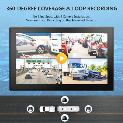 4K RV Backup Camera System, 10.1" Quad Split Touchscreen Monitor | 1080P 2 Rear & 2 Side View Cameras, DVR Recording Bluetooth Music USB Video IP69 Waterproof Night Vision for Trailer RV Truck - size: 10.1 inch