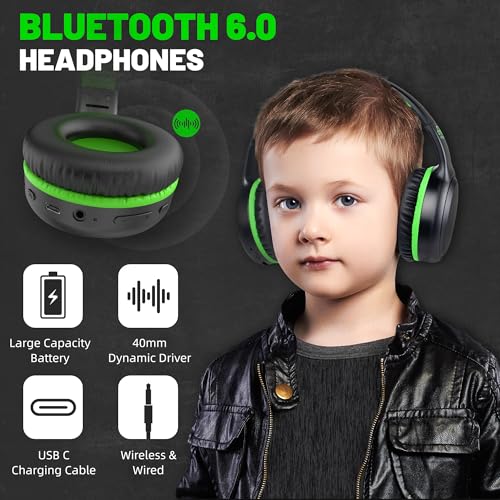 UKELALA U2B ANC Wired & Wireless Bluetooth 6.0 Headphones Foldable with Mic | Up to 30 Hrs Battery, Noise Canceling Foldable Lightweight Head phones with Volume Control‌ for Kids Adult School Black Green - color: Green/Black