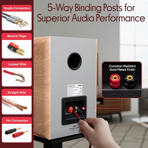 Pyle 5.25" Home Audio Speakers, 2-Way Passive Bookshelf, 200W Max Power, 1" Silk Dome Tweeter, Composite Woofer, Gold Plated 5 Way Binding Post, Rubber Surrounds, Beautiful Wood Grain Finish - Pair - color: Farmhouse Wood, size: 5.25 inch