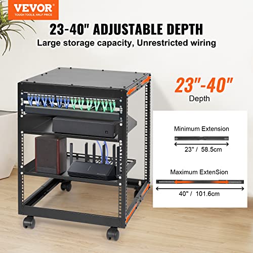 VEVOR 12U Open Frame Server Rack, 23-40 in Adjustable Depth, Free Standing or Wall Mount Network Server Rack, 4 Post AV Rack with Casters, Holds All Your Networking IT Equipment AV Gear Router Modem | Free Standing or Wall Mount, Heavy Duty 4 Post, with 4