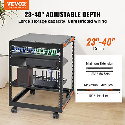 VEVOR 12U Open Frame Server Rack, 23-40 in Adjustable Depth, Free Standing or Wall Mount Network Server Rack, 4 Post AV Rack with Casters, Holds All Your Networking IT Equipment AV Gear Router Modem | Free Standing or Wall Mount, Heavy Duty 4 Post, with 4