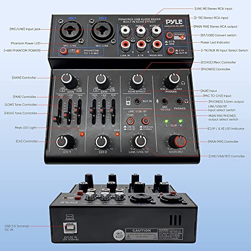 Pyle Professional Wireless DJ Audio Mixer - 4 Channel Bluetooth Controller Sound Mixer, USB Audio Interface, 2 Combo Jack XLR+6.35mm Mic/Line/Guitar in, 3.5mm, RCA AUX, Headphone Jack - PAD43MXUBT - size: 4