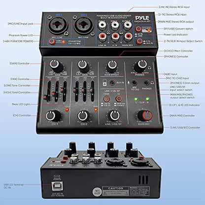 Pyle Professional Wireless DJ Audio Mixer - 4 Channel Bluetooth Controller Sound Mixer, USB Audio Interface, 2 Combo Jack XLR+6.35mm Mic/Line/Guitar in, 3.5mm, RCA AUX, Headphone Jack - PAD43MXUBT - size: 4
