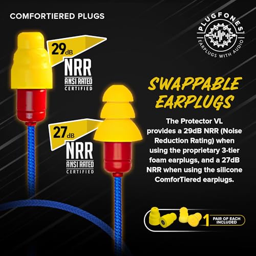 Plugfones Protector Volume Limited Audio Earbuds, OSHA Compliant Earplugs with Sound, Blue & Yellow - color: Yellow & Red