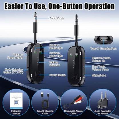 2026 Upgrade Pro Bluetooth 6.0 Transmitter Receiver – 2-in-1 Adapter | For TV, plane, gym, car & home. Dual Link for 2 headphones. Low latency, stable. Works with all AirPods & wireless headphones - color: Black