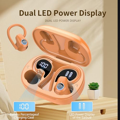 Wireless Earbuds, Headphones Sport Bluetooth 5.4, Over Ear Buds with ENC Noise Canceling Mic, Deep Bass Stereo Earphones with Hook, 50H Playback, LED Display Ear Buds for Workout Running, Deep Orange | 50H Playback, IP7 Waterproof Earphones for Workout R