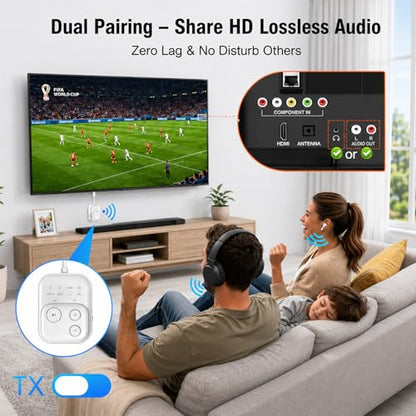 Bluetooth 6.0 Audio Transmitter Receiver, Bluetooth Adapter for TV/Airplane | Dual Link for 2 Headphones, Qualcomm aptX LL, HD, 3.5mm AUX Audio Transmitter for Flight Trave, Gym, Low Latency - color: White