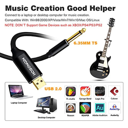 HOSONGIN [Upgraded Version] USB Guitar Cable, Guitar 1/4 Inch TS to Computer USB Interface Cable Adapter for Instruments Recording Singing, Premium Braided Shielding Cable, Length 10FT