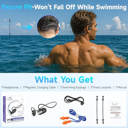 B35 32GB Bone Conduction Swimming Headphones, IPX8 Waterproof Headphones with Bluetooth & MP3 Mode Playback, Open-Ear Sports Headphones