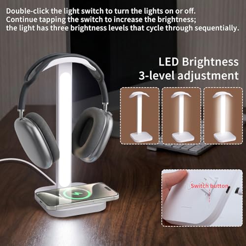 3-in-1 Headphone Stand with Wireless Charging Station and Desk Lamp, Headset Holder with Phone Charger, LED Desk Light for Gaming Setup, Office and Bedroom - color: White