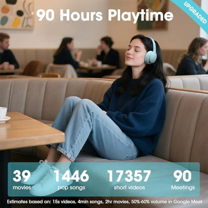 DOQAUS Bluetooth Headphones Over Ear, Headphones Wireless with 90H Playtime | 3 EQ Modes, Bluetooth 5.3 Wireless Headphones with Hifi Stereo Sound, ENC Mic, Foldable for Travel Work Study Phone PC, Blue - color: Light Blue