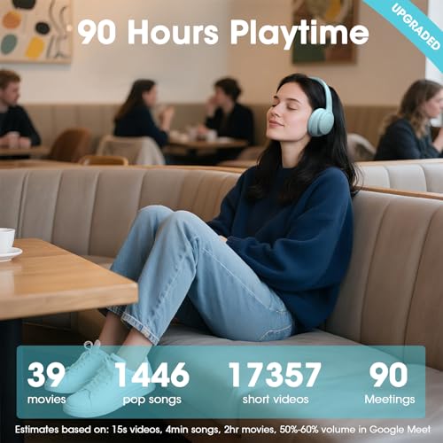 DOQAUS Bluetooth Headphones Over Ear, Headphones Wireless with 90H Playtime | 3 EQ Modes, Bluetooth 5.3 Wireless Headphones with Hifi Stereo Sound, ENC Mic, Foldable for Travel Work Study Phone PC, Blue - color: Light Blue