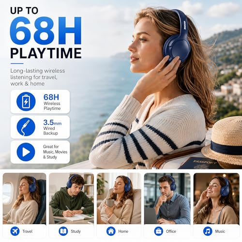 Bluetooth Headphones Wireless 68H with Mic,Decent Sound-Acceptable Blue | Adjustable Headband Foldable Over-Ear Lightweight for Office/Travel/Tablet/iPad/Laptop,HD Stereo Sound,Aux 3.5mm,D-Blue - color: Blue