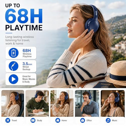 Bluetooth Headphones Wireless 68H with Mic,Decent Sound-Acceptable Blue | Adjustable Headband Foldable Over-Ear Lightweight for Office/Travel/Tablet/iPad/Laptop,HD Stereo Sound,Aux 3.5mm,D-Blue - color: Blue