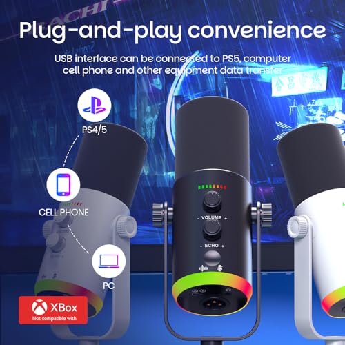 USB/XLR Desktop Dynamic Microphone with RGB Lighting, Noise Reduction, Mute Button & Headphone Jack - Podcast, Gaming, Streaming Mic for PC & Computer (Black) - color: Black