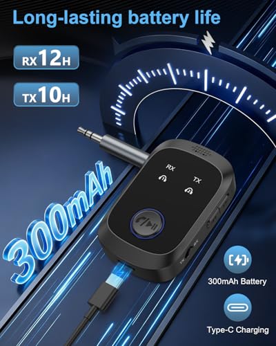 Aux Bluetooth 5.4 Adapter for Car, 2-in-1 Aux Bluetooth Transmitter and Receiver, Dual Link for 2 Headphones/AirPods, 12H Playtime, for PC, TV, Speaker, Airplane Travel