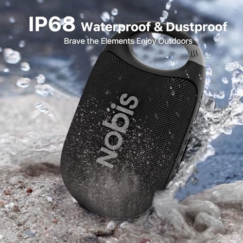 NOBIS Clip Portable Bluetooth Speaker, Up to 24H Playtime, IP68 Waterproof | BT 5.3, HD Sound & Custom EQ Via App, Wireless Stereo Pairing, Built-in Carabiner for Outdoor & Travel - color: Black