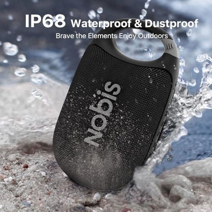 NOBIS Clip Portable Bluetooth Speaker, Up to 24H Playtime, IP68 Waterproof | BT 5.3, HD Sound & Custom EQ Via App, Wireless Stereo Pairing, Built-in Carabiner for Outdoor & Travel - color: Black