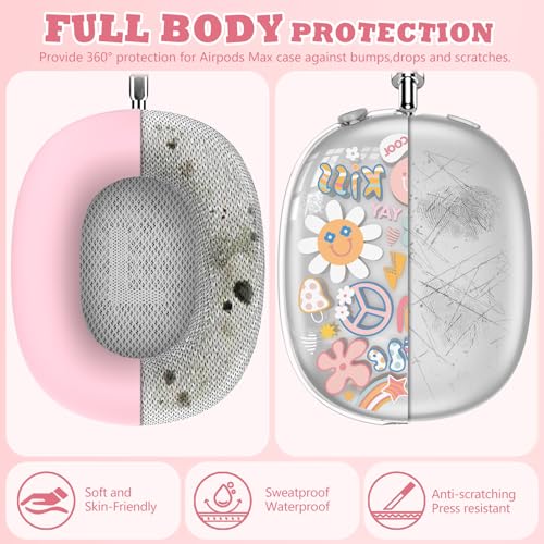 for Apple AirPods Max,Clear Flower Soft TPU Case for Women Girly,Pink | Ear Pad Case Cover/Ear Cups Cover/Headband Cover for AirPods Max Headphones (2024/2020)Transparent AirPod Max (USB-C) - color: Smile doodle