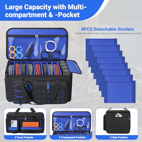 Large Capacity DJ Cable Gig Bag with 8 Customizable Dividers & 6 Pockets | Soft Thick Padded, Heavy Duty, Cable Organizer Backpack for Electronic Musician, Mobile EDM DJ, Live Sound Engineering