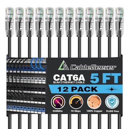 CableGeeker Cat 6A Slim Ethernet Patch Cables, 5 ft, 12-Pack, Black | 28AWG Pure Copper, 10Gbps/550MHz, Snagless Gold-Plated RJ45, Ultra-Thin Flexible Design for Switches, Patch Panels, and Racks - color: Black-Slim, size: 5ft, style: 12 Pack