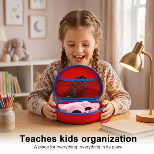 PAIYULE Kids Headphone Case for Riw,Box CT-7S/CT-7, for iClever IC-HS01 | Headphone case for kids, hard EVA shell, mesh pocket, fits cat-ear over-ear models, red, school and travel, box only, Red - color: Red