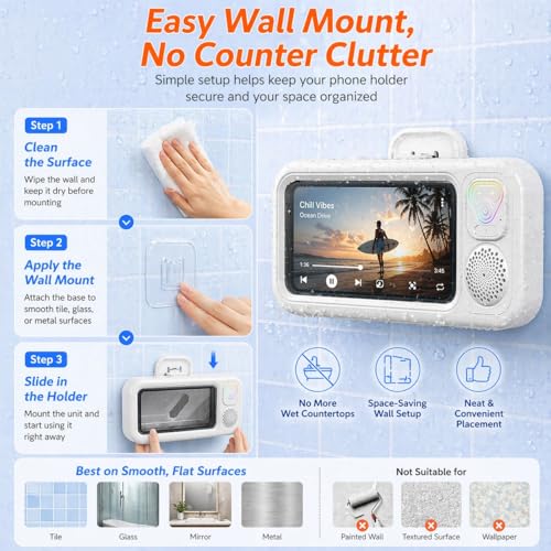 Water-Resistant Shower Phone Holder with Bluetooth Speaker, Wall Mounted Bathroom Phone Mount for Smartphones up to 7”, Touchscreen Compatible, Hands-Free for Shower & Kitchen (White Light-Up Button) - color: White Light-Up Button