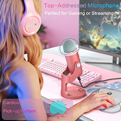 ZealSound Podcast Microphone for iPhone PC & Mac, Noise Cancellation USB Mic with Volume, Mute & Echo Control, Zero-Latency Monitoring, for ASMR, Podcasting, Vocal Recording & Voice-Over - K66 Pink