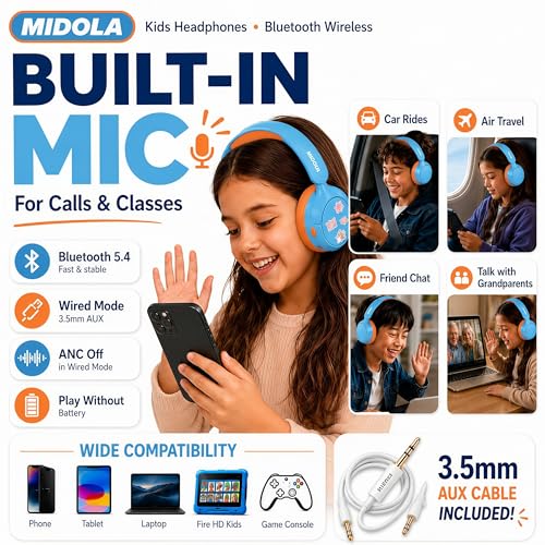 Kids Bluetooth Headphones Wireless,ANC, 68H,Safe Volume Limit 85/94dB Sky | Active Noise Cancelling,Adjustable Headband Foldable Over-Ear for Toddler Girls Boys Tablet/iPad,HD Stereo,Built-in Mic,Blue - color: Sky Blue
