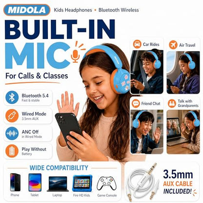 Kids Bluetooth Headphones Wireless,ANC, 68H,Safe Volume Limit 85/94dB Sky | Active Noise Cancelling,Adjustable Headband Foldable Over-Ear for Toddler Girls Boys Tablet/iPad,HD Stereo,Built-in Mic,Blue - color: Sky Blue
