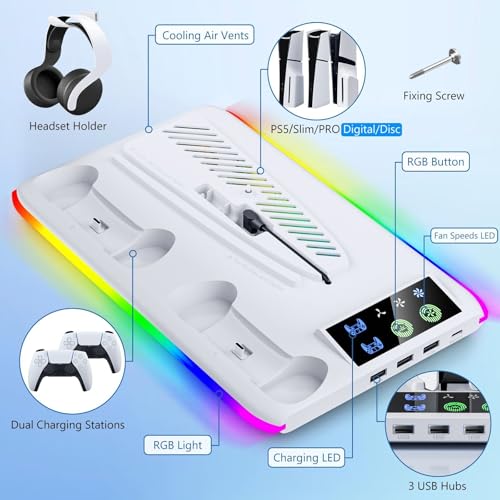 BRHE PS5/Slim/Pro Cooling & Charging Station,PS5/ Slim/Pro Stand for Disc & Digital Console,PlayStation 5 Controller Charger,PS5/Slim/Pro Accessories with 3 Charging Ports,Headset Holder (White) - color: Pro White