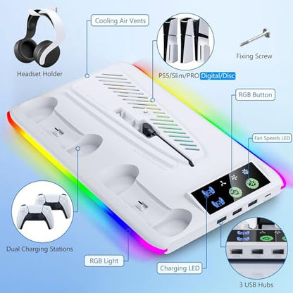 BRHE PS5/Slim/Pro Cooling & Charging Station,PS5/ Slim/Pro Stand for Disc & Digital Console,PlayStation 5 Controller Charger,PS5/Slim/Pro Accessories with 3 Charging Ports,Headset Holder (White) - color: Pro White
