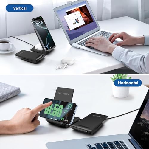 Wireless Charger 2 in 1, 20W Fast Wireless Charging Stand Station Foldable for iPhone 17 16 15 14 13 12 Pro Max/XS,Air Pods, for Samsung Galaxy S25/S24/S23/S22/S21/S20,Note20/10,Galaxy Buds