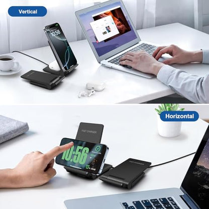 Wireless Charger 2 in 1, 20W Fast Wireless Charging Stand Station Foldable for iPhone 17 16 15 14 13 12 Pro Max/XS,Air Pods, for Samsung Galaxy S25/S24/S23/S22/S21/S20,Note20/10,Galaxy Buds