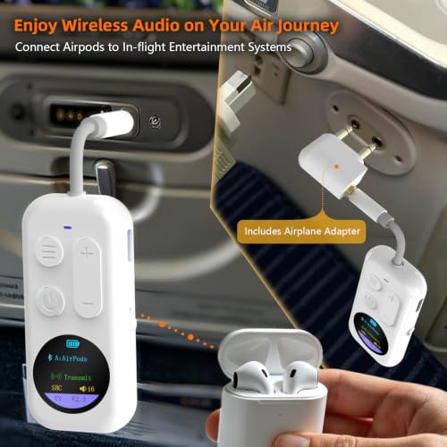 Airplane Bluetooth Adapter with LED Screen, 2-in-1 Bluetooth Transmitter Receiver for Flight & TV, Dual Headphones Audio Adapter, 20H+ Playtime, Travel Essentials