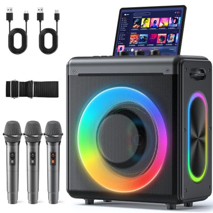 Karaoke Machine with 3 Wireless Rechargeable Microphones, Portable Bluetooth Speaker & PA System with LED Lights, Designed for Adults & Kids Home Parties, Supports TWS/TF Card/USB/AUX - size: 3 Mics