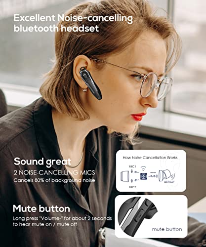 Single Bluetooth Headphones for One Ear, 30H Talking Time, Dual Noise Cancelling Mic Hands-Free Calls Wireless Headsets, Hands Free Wireless Bluetooth Earpiece, Trucker Bluetooth Headset, for Laptop