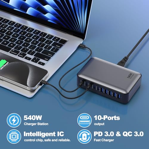 540W USB C Charger Block, 10 Multi-Port USB Charging Station, PD Type C Charger 100W 65W Laptop Fast Charger Compatible with MacBook Pro/Air, USB A Charger for iPad, iPhone, Samsung,