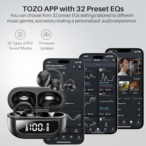 TOZO OpenEarRing Open Ear Earbuds 40H Bluetooth 5.4 Lightweight Comfort | Open Ear Clip On Wireless Earbuds with Smart Digital LED Display, Stable Connection, Secure Fit for Driving Workout Black - color: Black