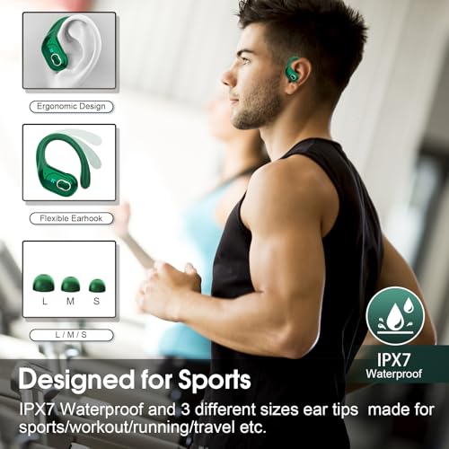 Aptkdoe Wireless Earbuds 75H Bluetooth 5.4 Sport Headphones with Earhooks | IPX7 Waterproof In-ear Buds Feature ENC Noise Cancelling Mic. Stereo Sound Device for Gym Running Workout, Dark Green - color: Dark Green
