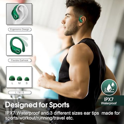 Aptkdoe Wireless Earbuds 75H Bluetooth 5.4 Sport Headphones with Earhooks | IPX7 Waterproof In-ear Buds Feature ENC Noise Cancelling Mic. Stereo Sound Device for Gym Running Workout, Dark Green - color: Dark Green